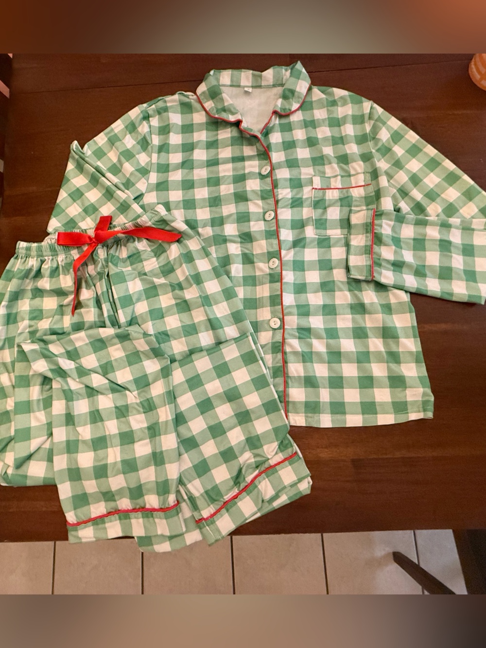 Green Gingham Adult small Pajama Set with Red Trim